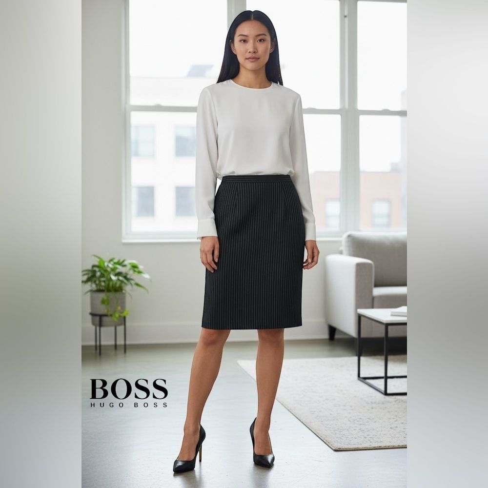 Hugo Boss, Black Pinstripe Pencil Skirt, Size 14 US, Office Classic